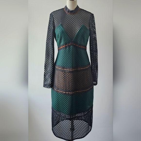 Self-Portrait Green Mesh Midi Length Dress SZ 12UK - Picture 1 of 6